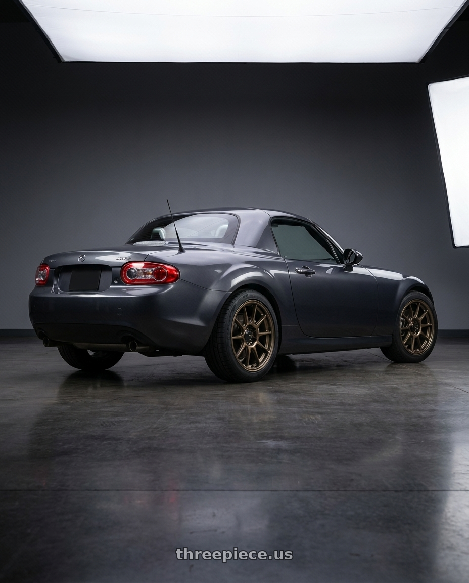 2014 Mazda MX5 Miata with Konig Dekagram 5x100 17x8+40 Gloss Bronze wheels rear three quarter view square tires