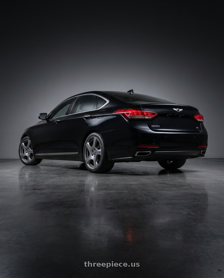 2016 Hyundai Genesis 3 8 with MRR VP3 5x114.3 19x8.5  +35 Matte Gun Metal Graphite wheels rear three quarter view square tires