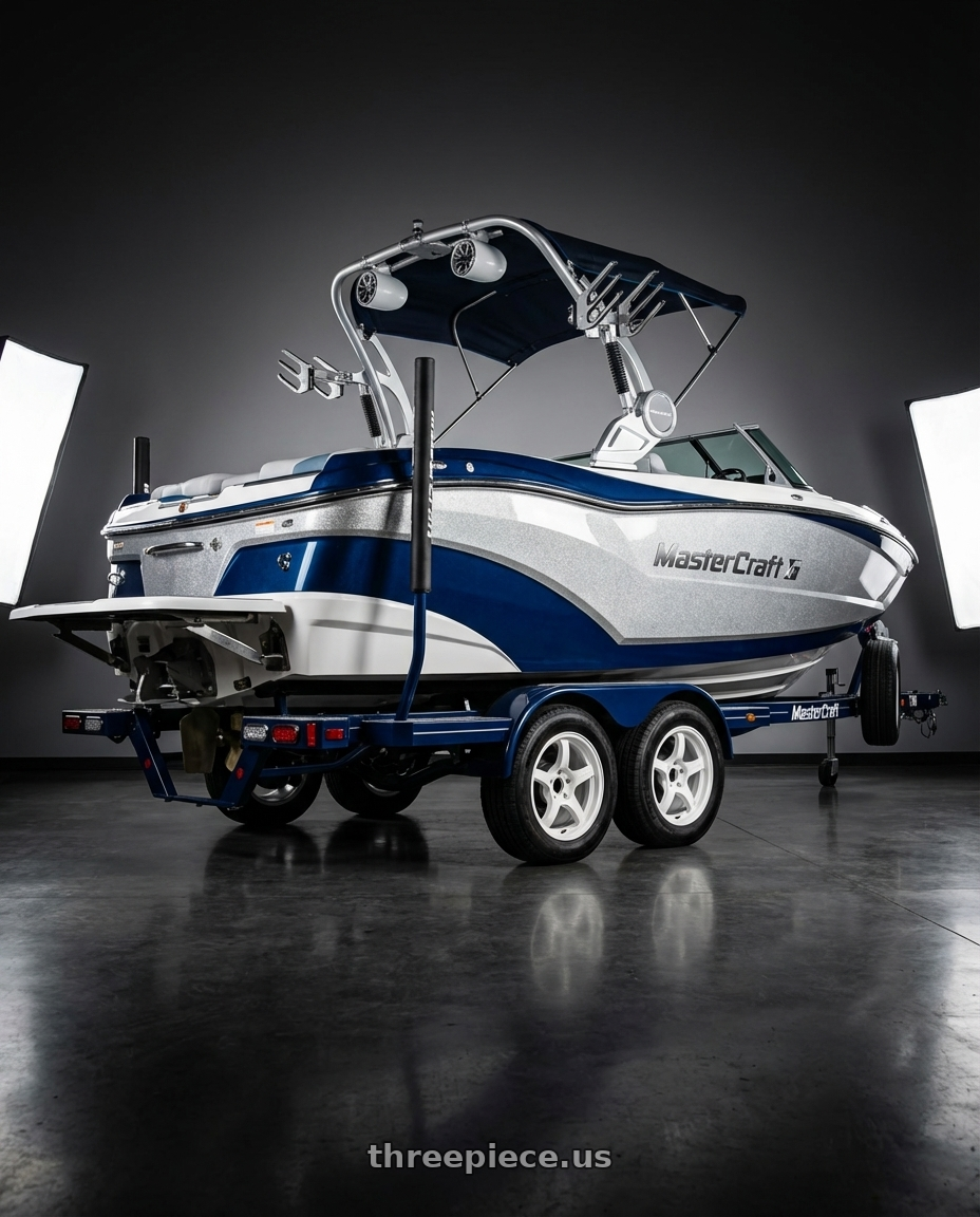 2017 mastercraft xt21 trailer, silver cloud flake with Gram Lights 57CR 5x100 17x9 +38 CERAMIC WHITE PEARL wheels rear three quarter view square tires