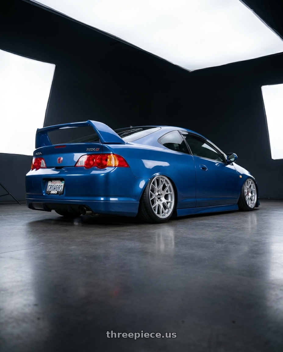 2003 acura rsx type s with BBS CH-R 5x112 19x8.5 +40 Brilliant Silver Polished Rim Protector wheels rear three quarter view extreme stretch tires