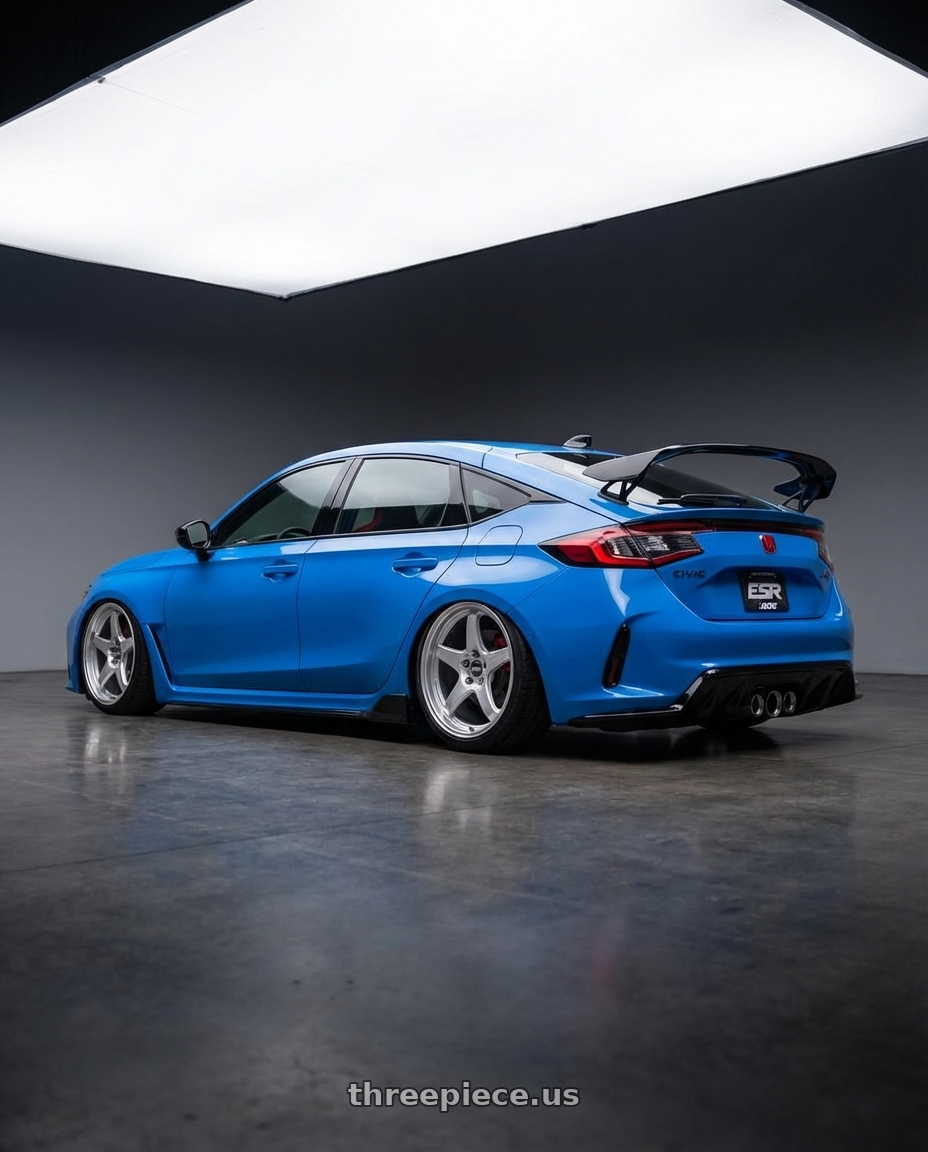 2024 Honda Civic Type R with ESR Wheels APEX SERIES AP5 5x120 19x9.5 +35 Hyper Silver wheels rear three quarter view slight stretch tires