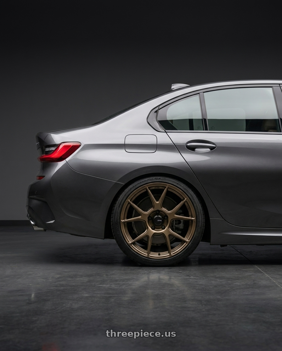 2022 Bmw G20320I with Konig Ampliform 5x114.3 18x9.5+35 Gloss Bronze wheels rear three quarter view square tires