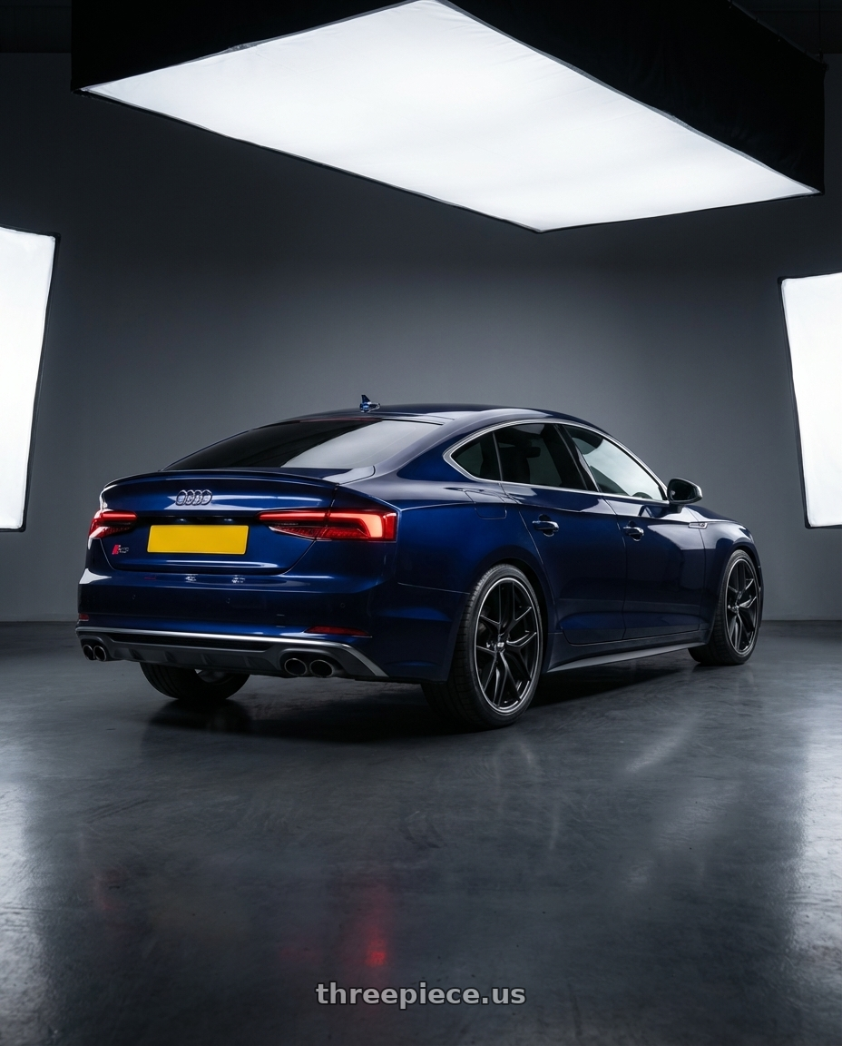 2014 Audi S5 B8 with BBS CC-R 5x112 19x8.0+27 Satin Black wheels rear three quarter view square tires