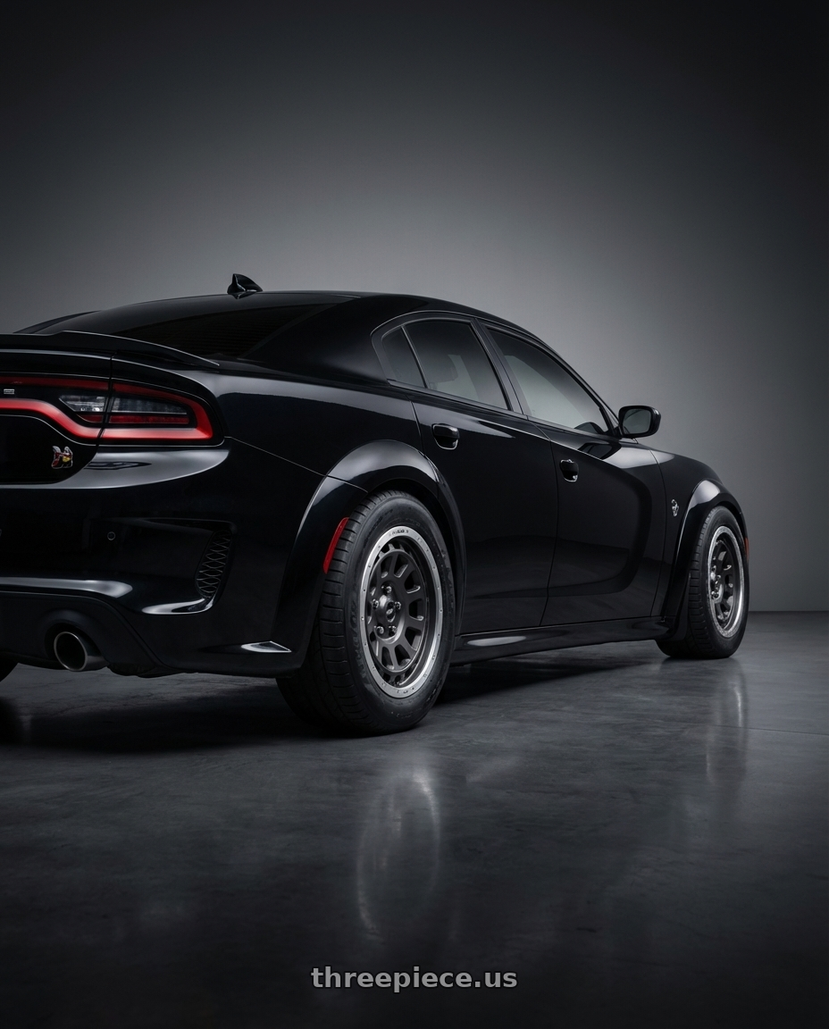 2026 Dodge charger six pack, scat pack, black with Work Crag T-Grabic 4x100 15x5 +45  matte gunmetal rim cut wheels rear three quarter view meaty tires
