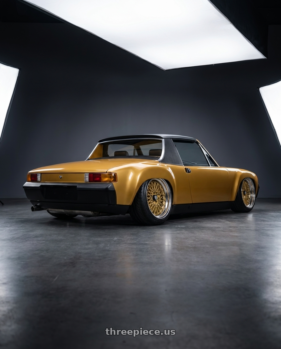 1980 Porsche 914 with SSR Formula MESH 5X100 18X11.5+0 HP Disk Fm Gold wheels rear three quarter view extreme stretch tires