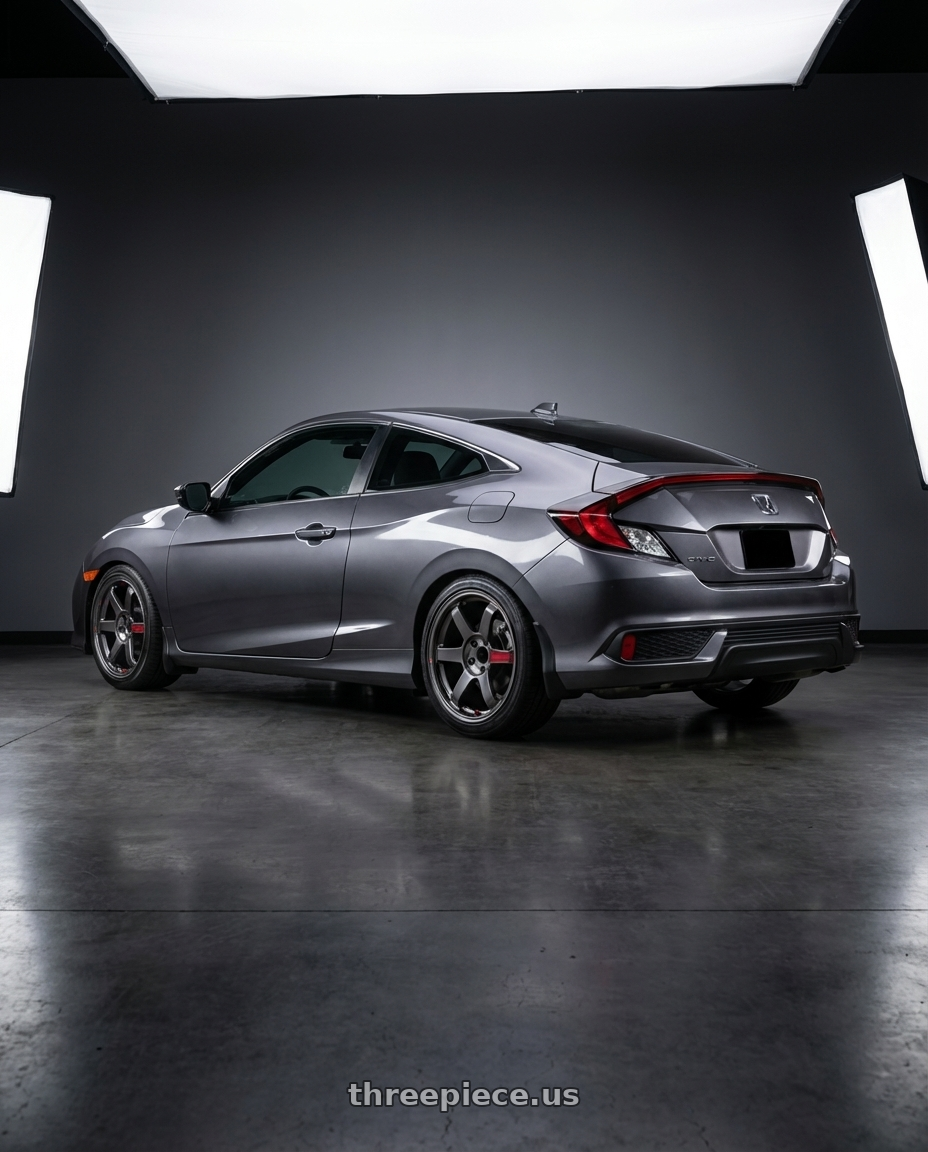 2019 honda civic coupe with Volk Racing TE37 SAGA SL 5x120 18x9 +23 PRESSED GRAPHITE wheels rear three quarter view square tires