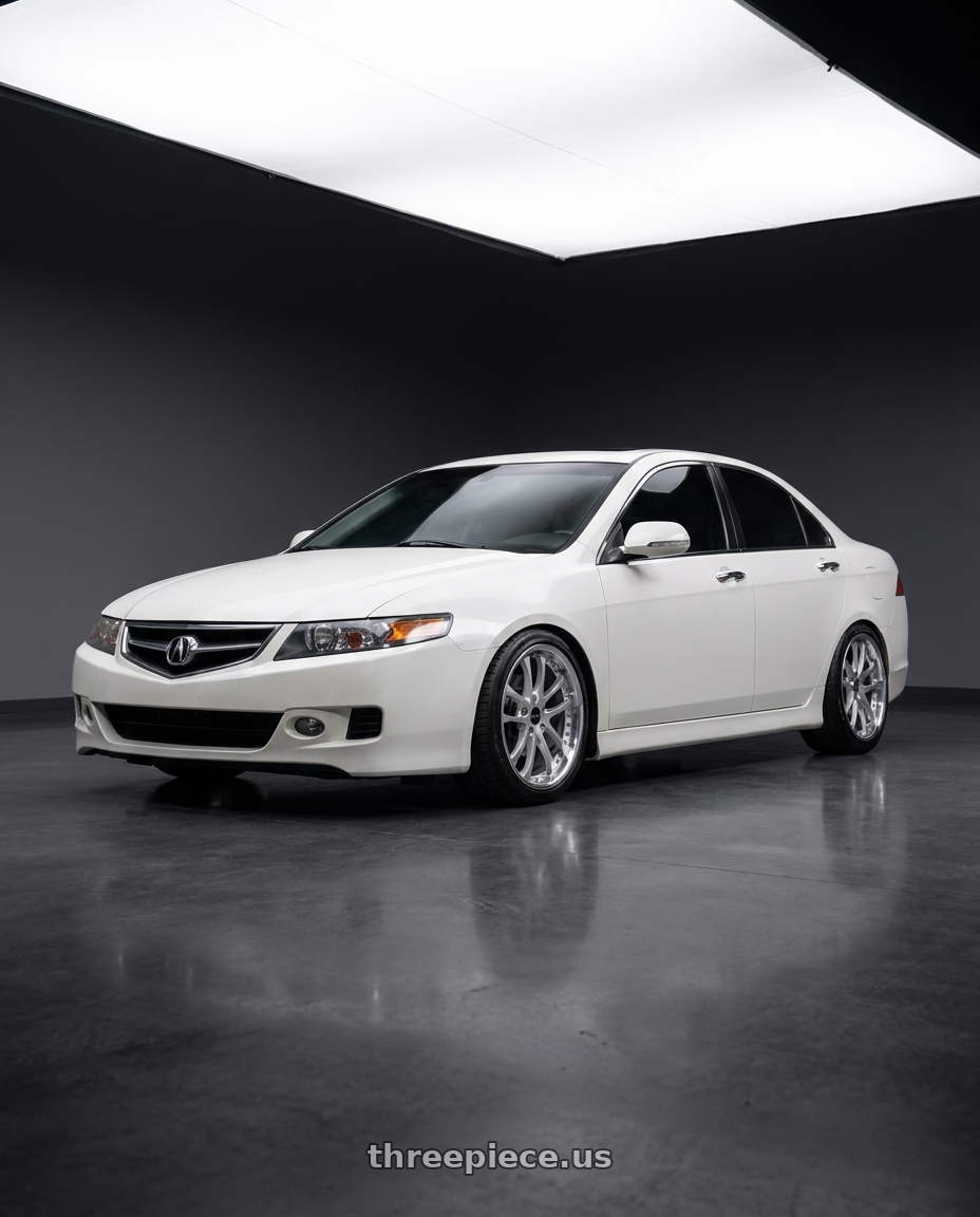 2008 Acura TSX with ARC AR5 5x114.3 18x8.5  +35 Silver Machine Face Lip Chrome Rivet wheels front three quarter view lowered stance