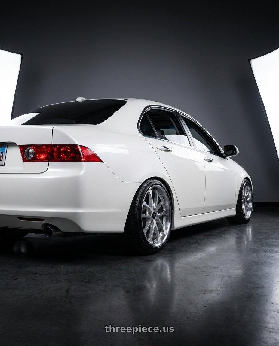2008 Acura TSX with ARC AR5 5x114.3 18x8.5  +35 Silver Machine Face Lip Chrome Rivet wheels rear three quarter view slight stretch tires