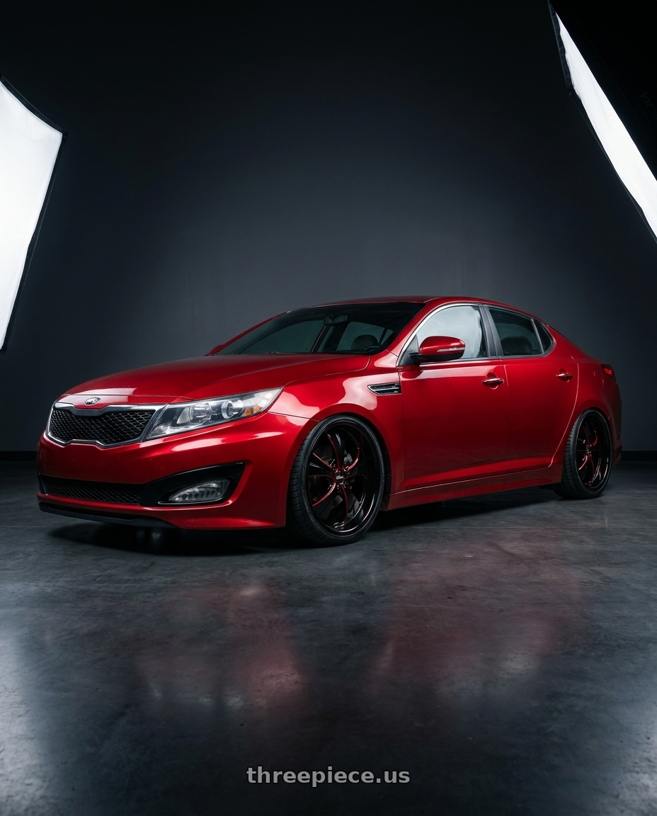 2012 Kia Optima with Strada Street Classics Old Skool 6x139.7 24x10 +24 Gloss Black Candy Red Milled wheels