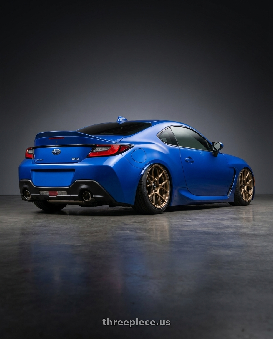 2024 Subaru BRZ with Konig Ampliform 5x114.3 18x8.5+35 Gloss Bronze wheels rear three quarter view slight stretch tires