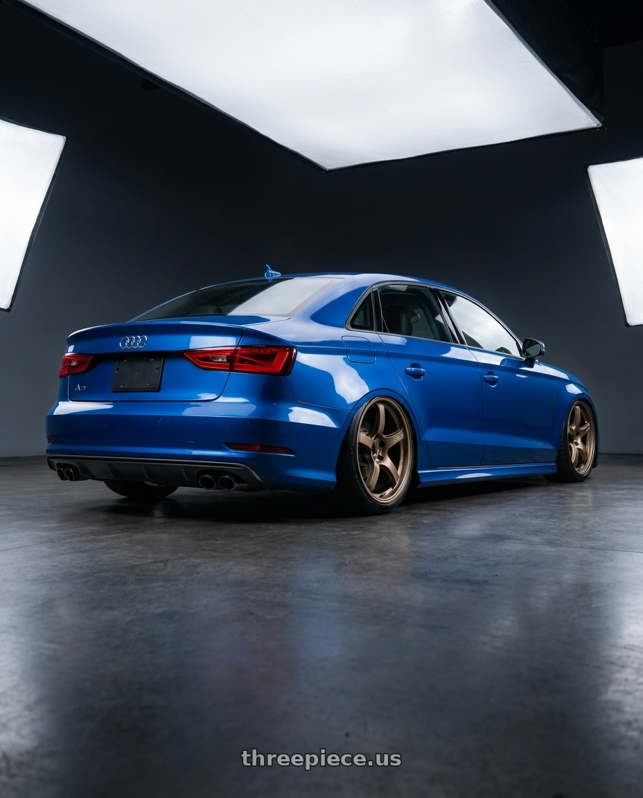 2017 Audi A3 with Gram Lights 57CR 5x112 19x9.5+25 Bronze II wheels rear three quarter view slight stretch tires