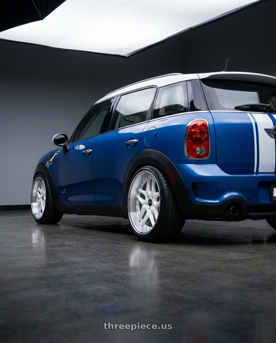 2012 Mini Countryman with ESR Wheels CS SERIES CS15 5x100 18x10.5 +22 Gloss White wheels rear three quarter view slight stretch tires