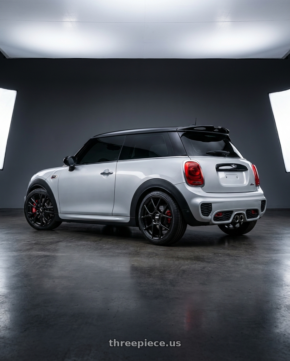 2017 Mini cooper jcw with BBS XR 5x112 18x8.0+44 Gloss Black wheels rear three quarter view square tires