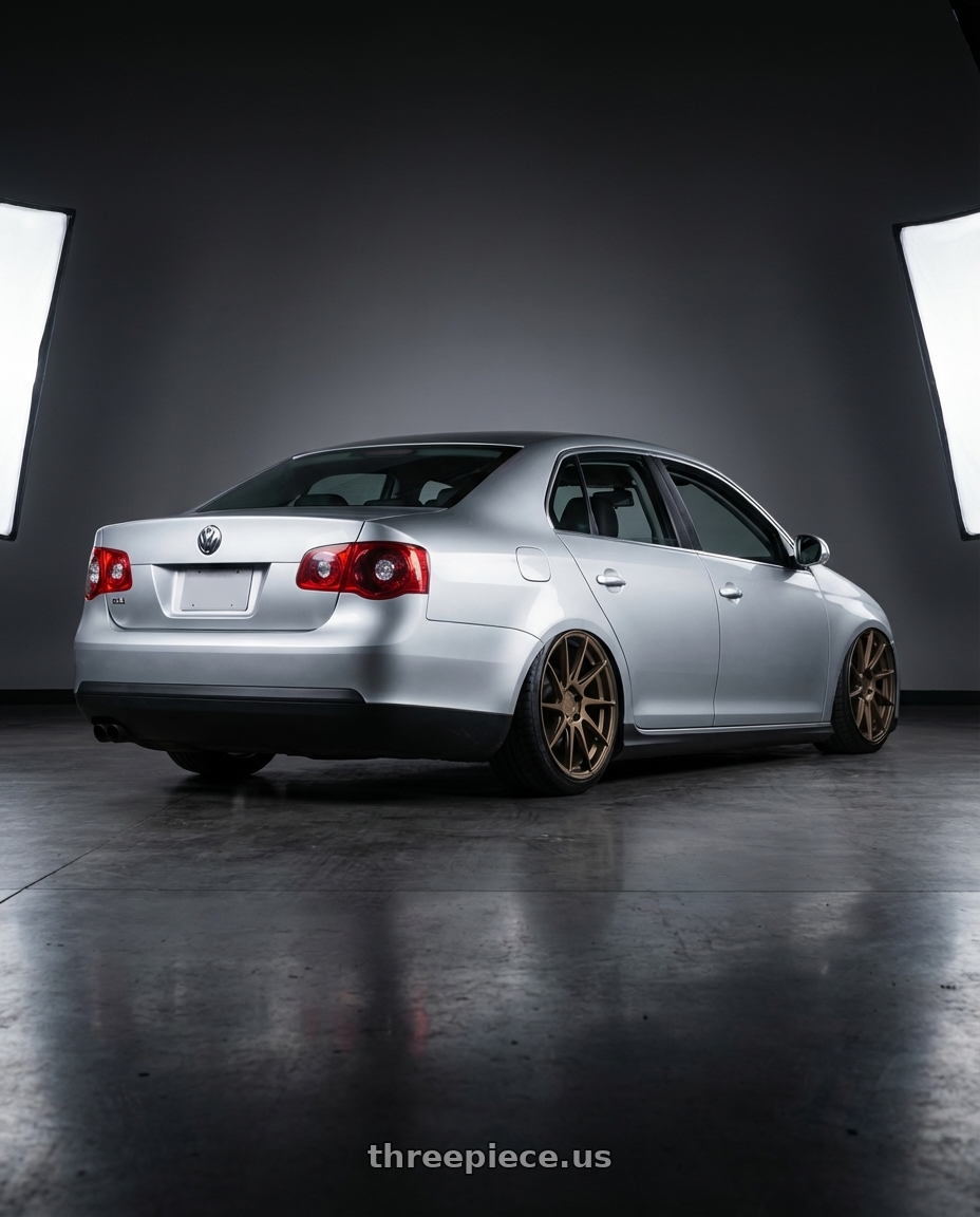 2009 Volkswagen Jetta GLI MK5 with Aodhan AH09 5x112 18x9.5 +35 Matte Bronze wheels rear three quarter view slight stretch tires