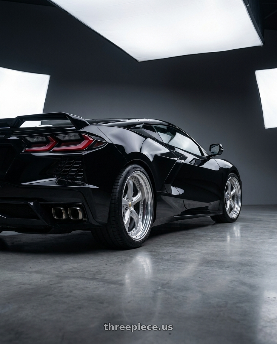 2025 chevrolet corvette with Work Wheels VS-KF 5x120 20x11+46 Light Grey Silver O Disk STEP RIM wheels rear three quarter view slight stretch tires