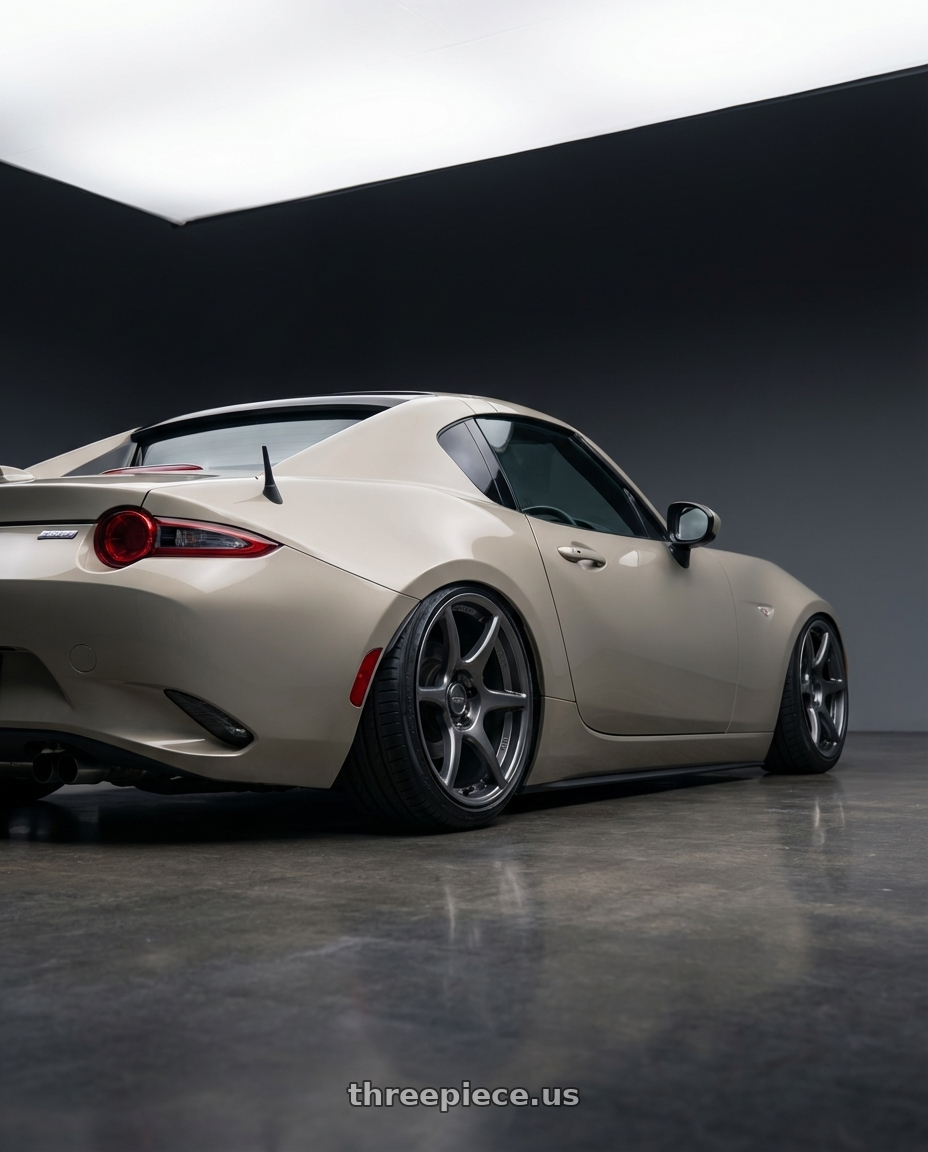 2021 Mazda MX-5 Miata ND with Kansei K11G Tandem 5x114.3 17x9 35 Gunmetal wheels rear three quarter view slight stretch tires