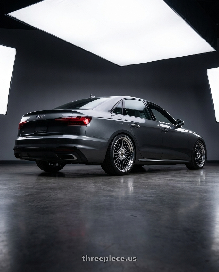 2020 Audi A4 with Work Emitz Black Polish 5x112 19x7.5 +38 wheels rear three quarter view square tires