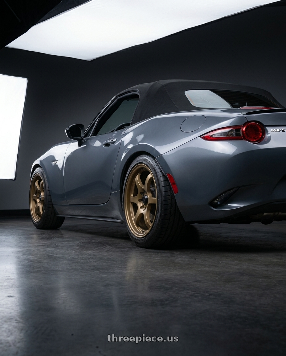 2020 Mazda mx-5 Miata club soft top polymetal grey with Vors LT61 4x100 16x7 +35 Bronze wheels rear three quarter view square tires