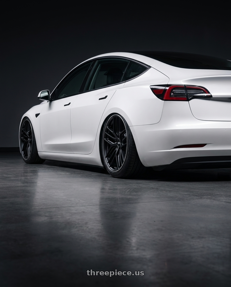 2023 Tesla Model 3 with BBS CC-R 5x114.3 19x8.5+30 Satin Black wheels rear three quarter view slight stretch tires