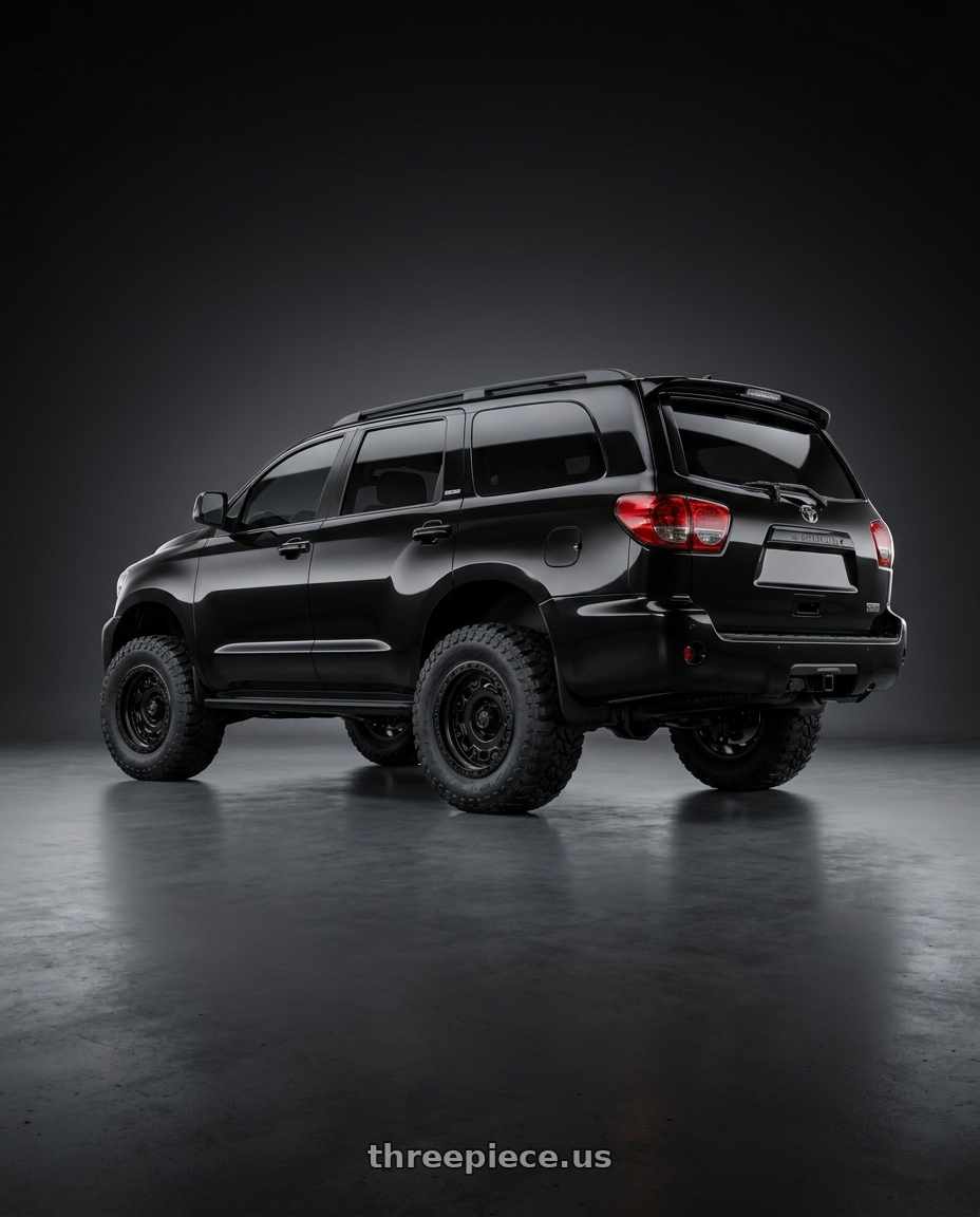 2012 Toyota Sequoia with Fittipaldi Offroad FT106SB 5X150 17x9 +0 Satin Black wheels rear three quarter view meaty tires