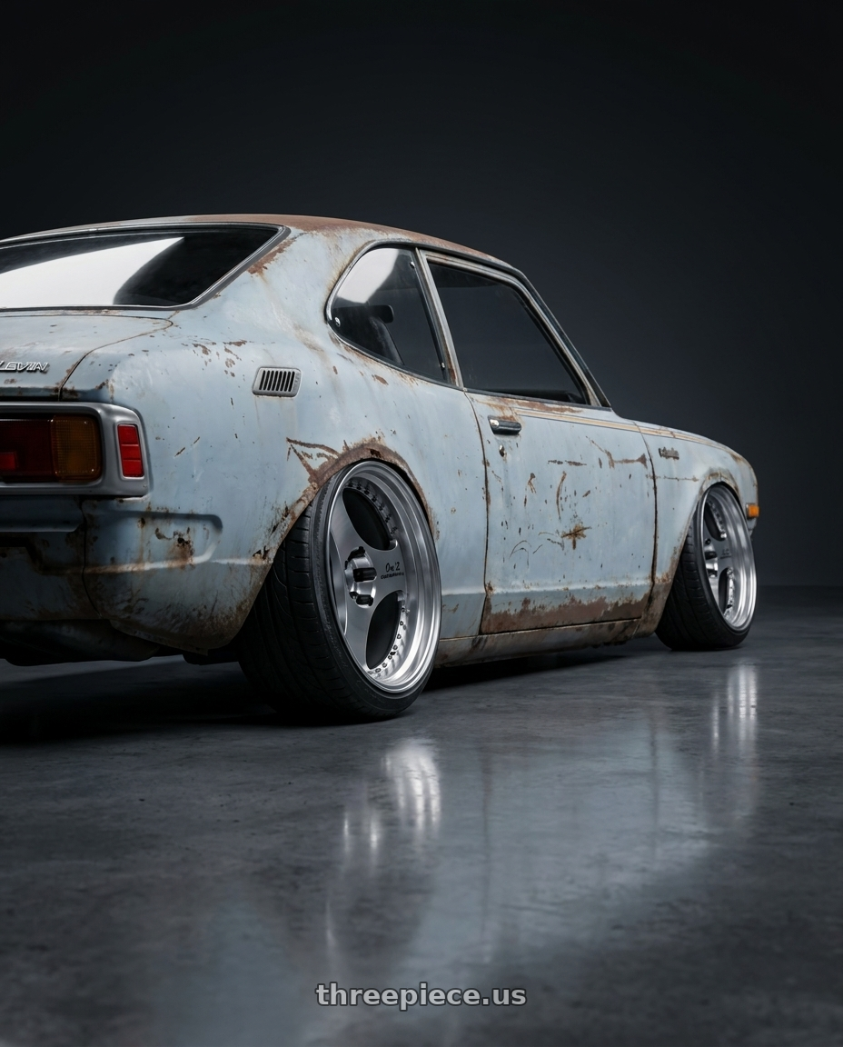 1973 Toyota Corolla Levin with Advan Racing ONI2 PROGRESSIVE 5x114.3 20x8.5 +33 MACHINING & DIAMOND CUT wheels rear three quarter view extreme stretch tires