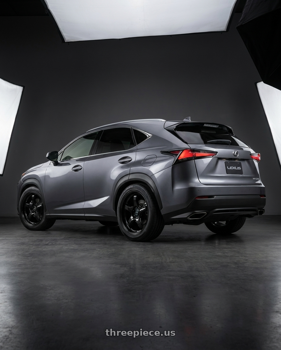 2020 Lexus Nx200 with WedsSport RN-05M 5x112 18x8.0+45 Gloss Black wheels rear three quarter view square tires