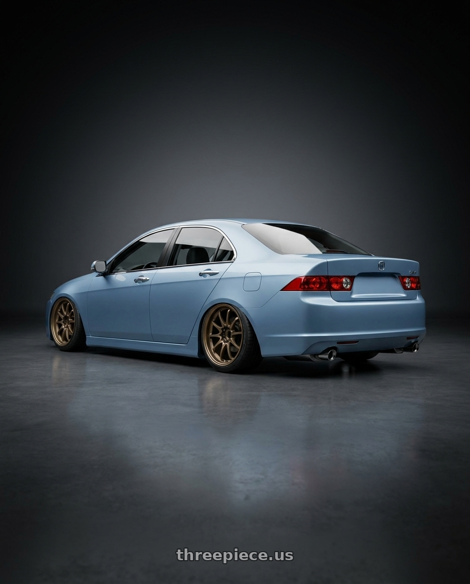2005 Acura Tsx with Volk Racing CE28N 5x114.3 18x8.5 +30 BRONZE wheels rear three quarter view slight stretch tires