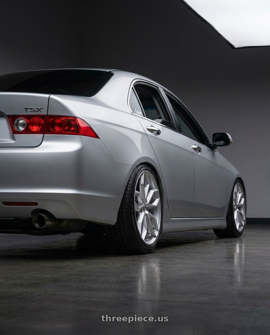 2004 Acura TSX with RTX Corsa 5x114.3 18x7.5 +40 Hyper Silver wheels rear three quarter view slight stretch tires