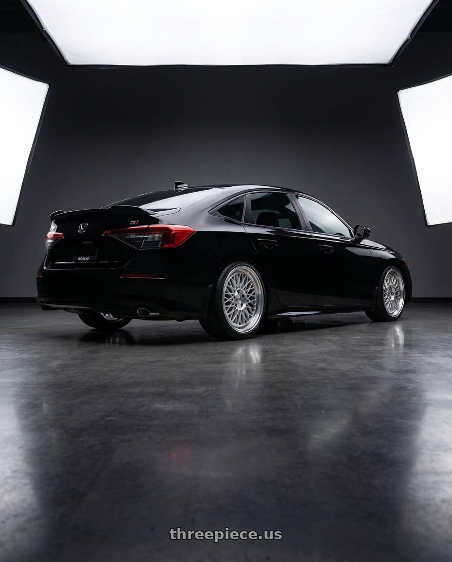 2024 Honda civic si with Klutch SLC1 5x114.3 18x9.5  +35 Silver Machined Lip wheels rear three quarter view square tires