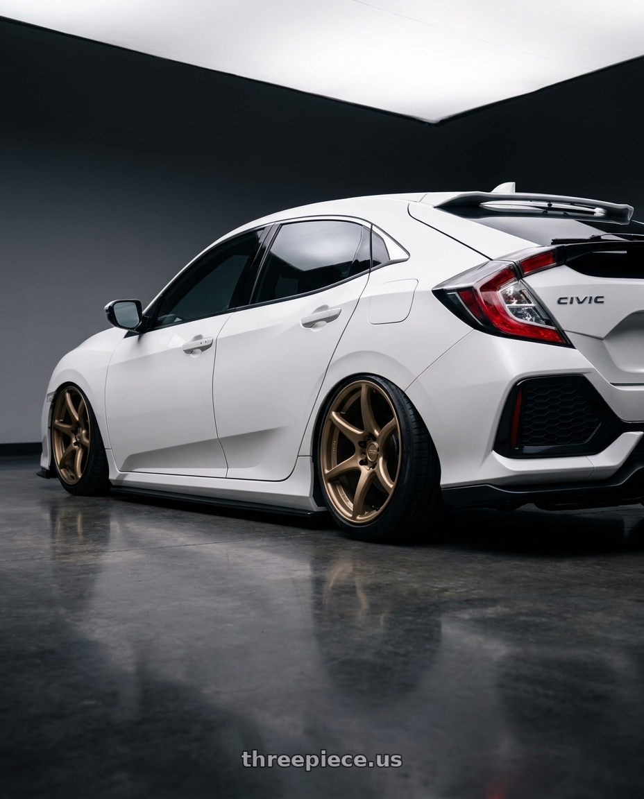2019 Honda Civic with Kansei K11B Tandem 5x114.3 18x9 12 Bronze wheels rear three quarter view slight stretch tires
