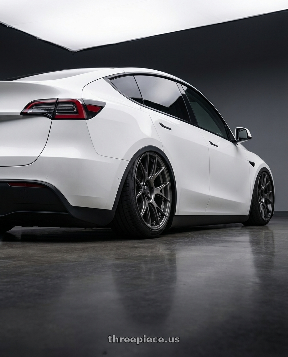 2024 Tesla Model Y with Konig Ampliform 5x114.3 20x8.5+43 Dark Metallic Graphite wheels rear three quarter view slight stretch tires