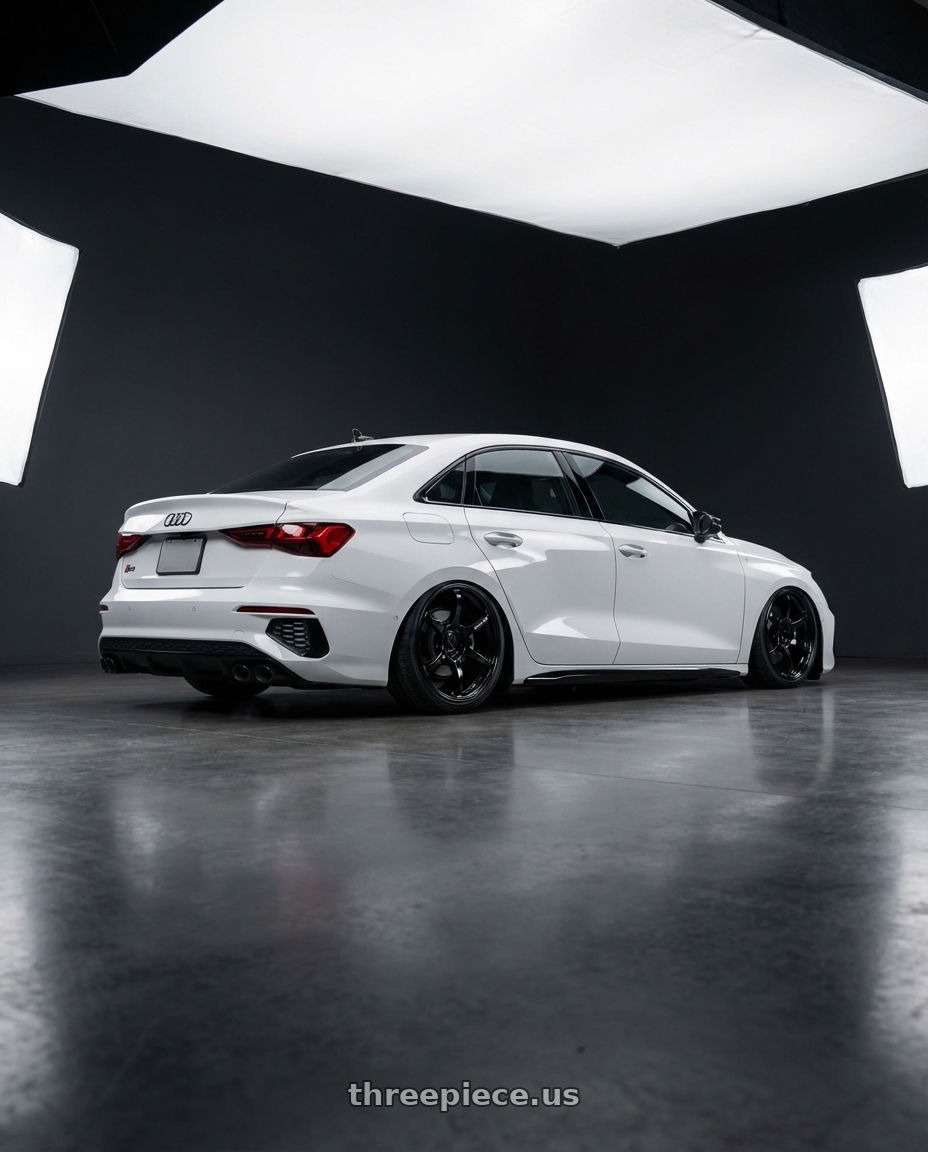 2024 Audi S3 8Y with Advan RGIII 5x112 19x8.5+45 Gloss Black wheels rear three quarter view slight stretch tires