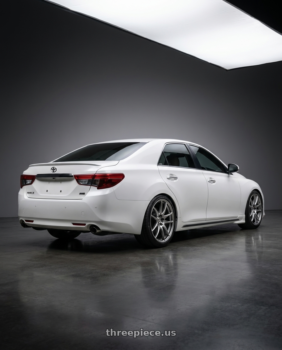 2014 Toyota Mark X with Work Emotion Cr Kiwami 5x100 18x7.5 +38 Gt Silver wheels rear three quarter view square tires