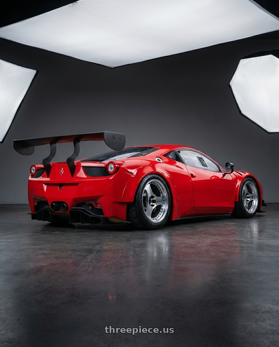 2015 Ferrari 458 GT3 with Advan Racing ONI2 PROGRESSIVE 5x114.3 20x9.0 +39 MACHINING & DIAMOND CUT wheels rear three quarter view meaty tires