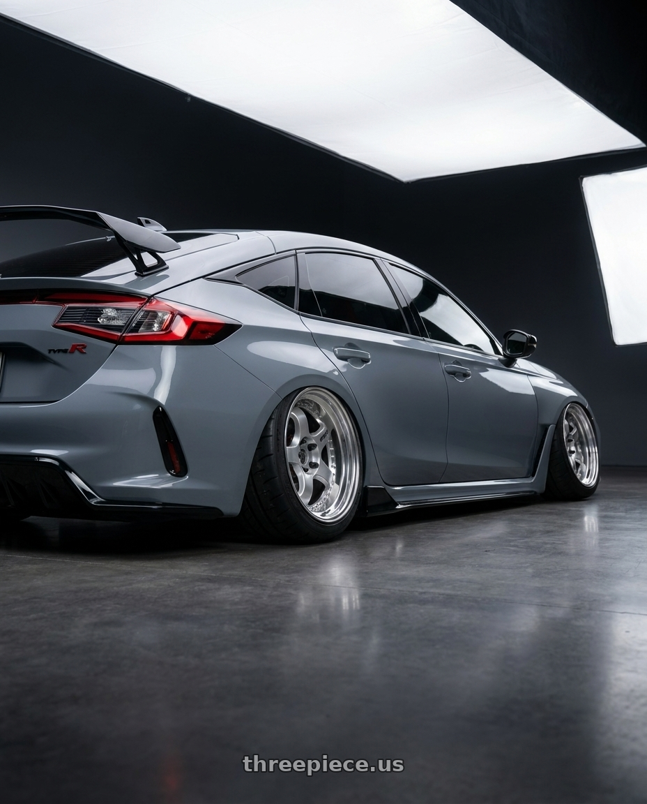 2024 civic type r with Work Meister S1 3P 5x120 19x10+55 O Disk Silver wheels rear three quarter view meaty tires