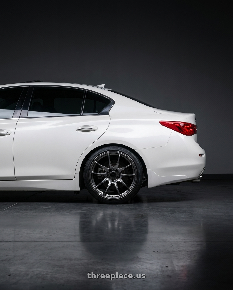 2014 Infiniti Q50 with Vors TR4 5x114.3 19x8.5  +35 Hyper Black wheels rear three quarter view square tires