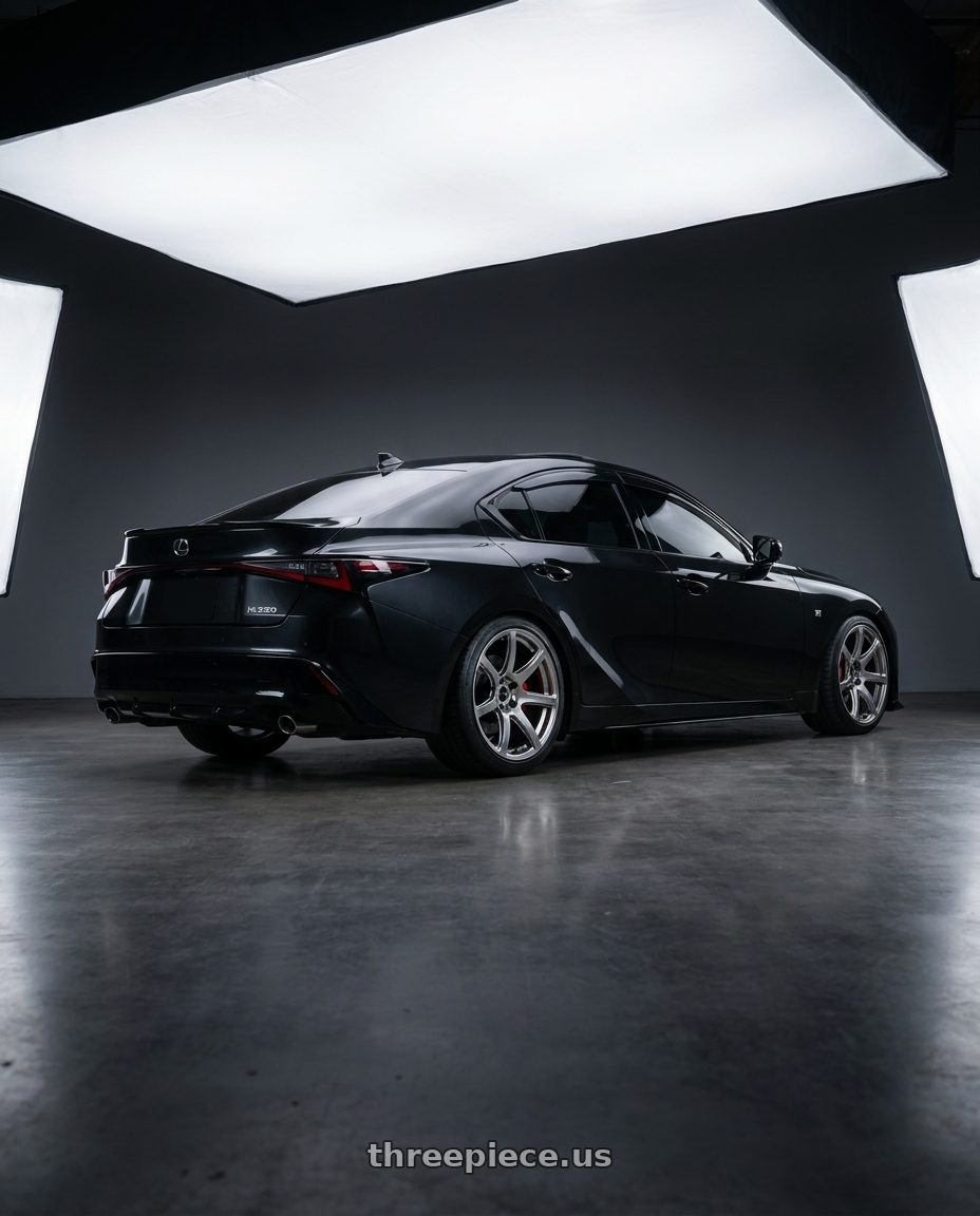 2021 Lexus Is350 with Work Emotion T7r 5x114.3 18x9.5 +38 Gt Silver wheels rear three quarter view square tires