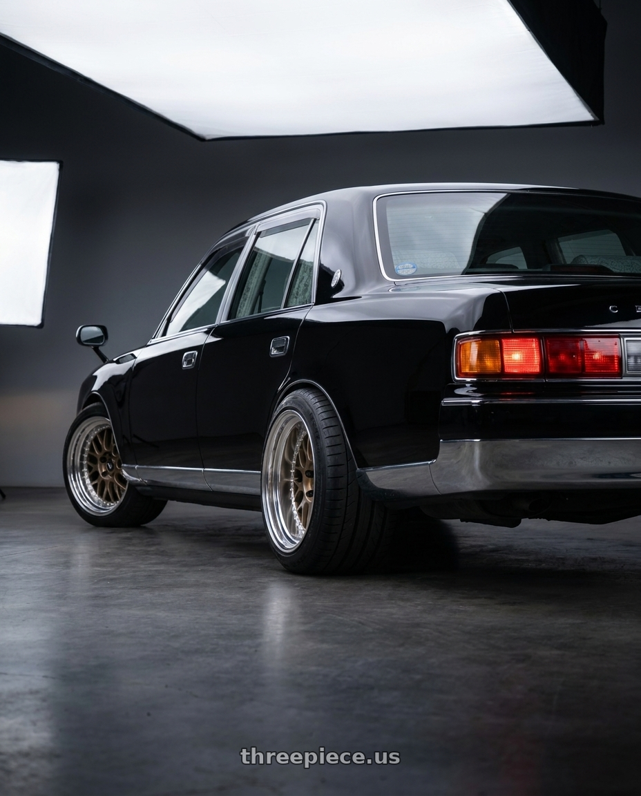 2000 Toyota Century with Work Meister M1 3p 5x114.3 19x13.5-64 T Disk Titanium Gold wheels rear three quarter view square tires