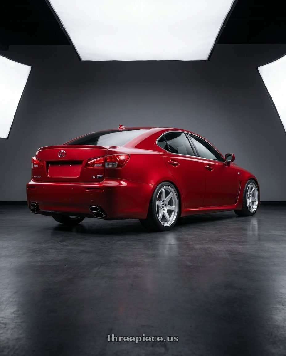 2012 Lexus IS-F with ESR Wheels APEX SERIES AP6 5x114.3 19x9.5 +22 Hyper Silver wheels rear three quarter view square tires
