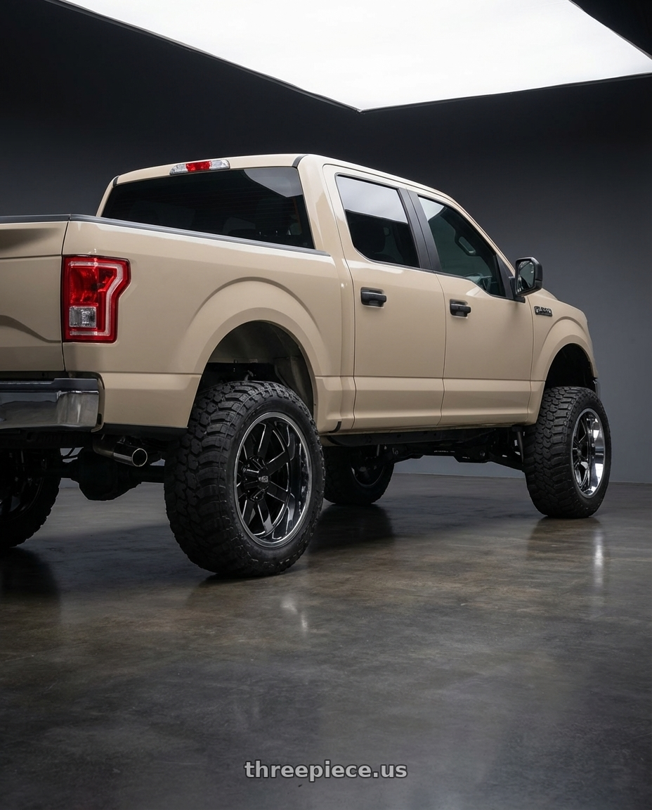 2019 Ford F-150 with Moto Metal MO200 6X135 22X12 -44 GLOSS BLACK MILLED CENTER CHROME LIP wheels rear three quarter view meaty tires