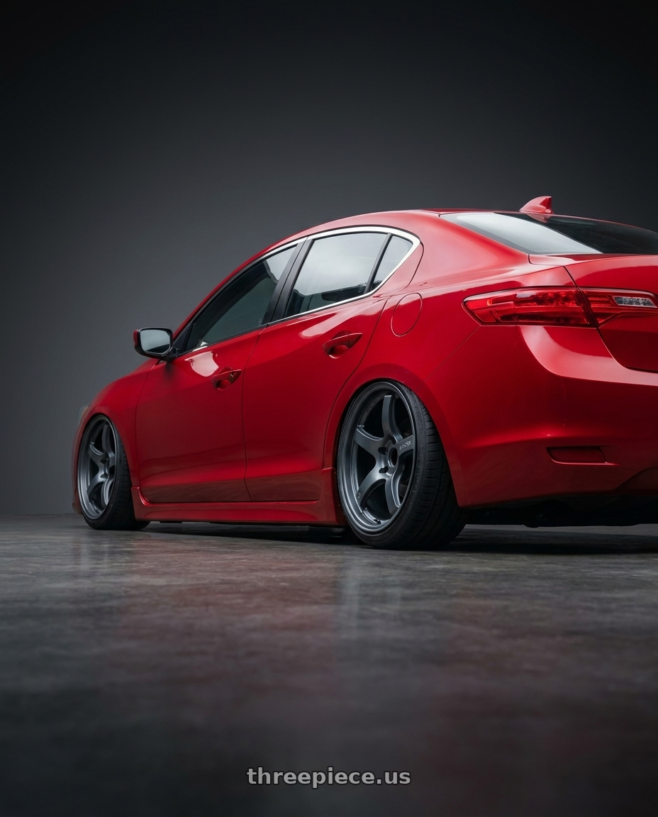 2012 Acura ILX with Gram Lights 57CR 5x114.3 17x9+22 Gunblue II wheels rear three quarter view slight stretch tires