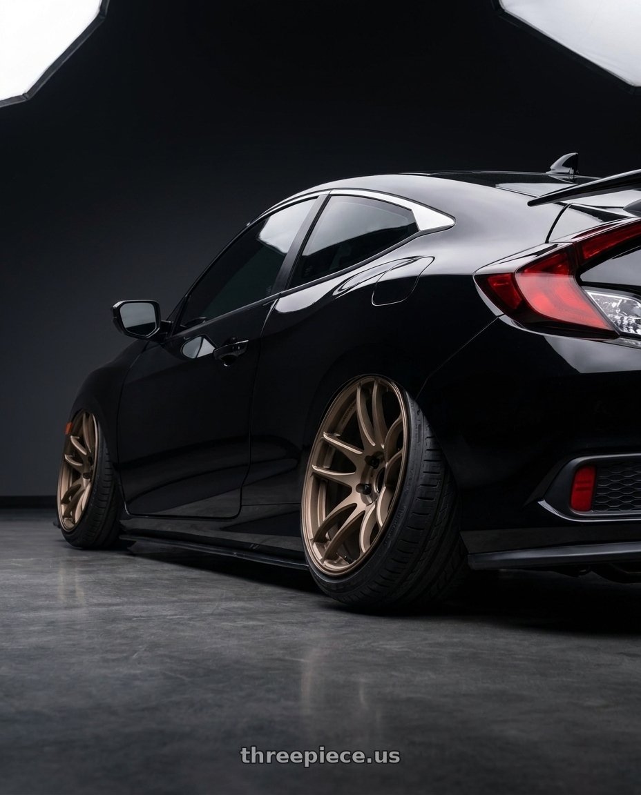 2017 civic si with Work Emotion Cr Kiwami 5x114.3 17x8 +35 Matte Bronze wheels rear three quarter view extreme stretch tires