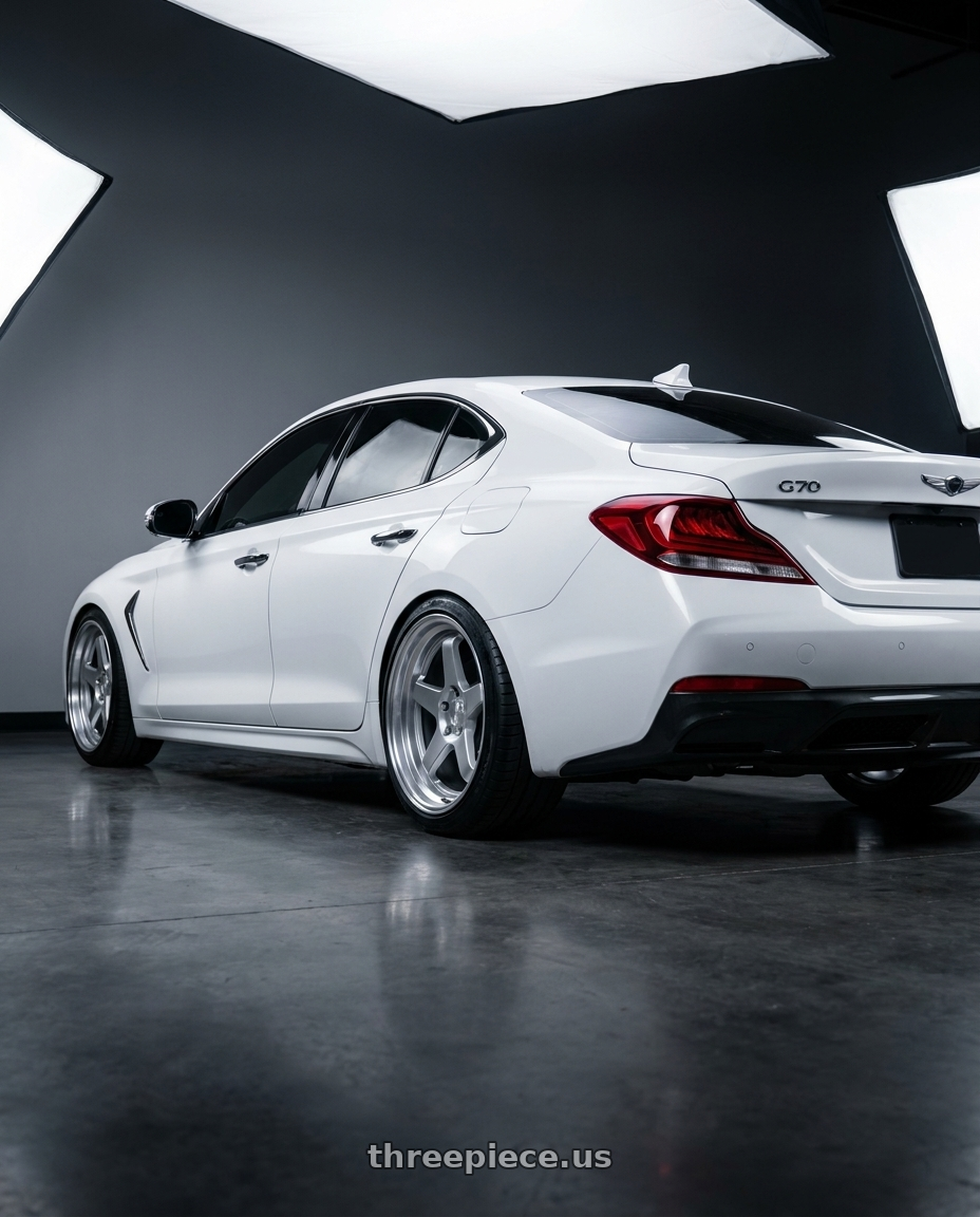 2019 Genesis G70 White with ESR Wheels CR SERIES CR5 5x100 18x10.5 +22 Hyper Silver wheels rear three quarter view slight stretch tires