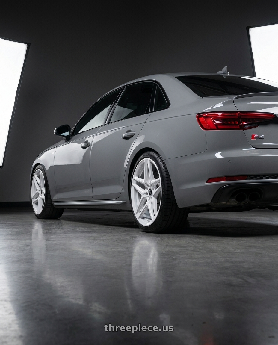 2019 Audi s4 with Heritage Wheel EBISU MonoC 5x112 18x8.5+35 White wheels rear three quarter view square tires