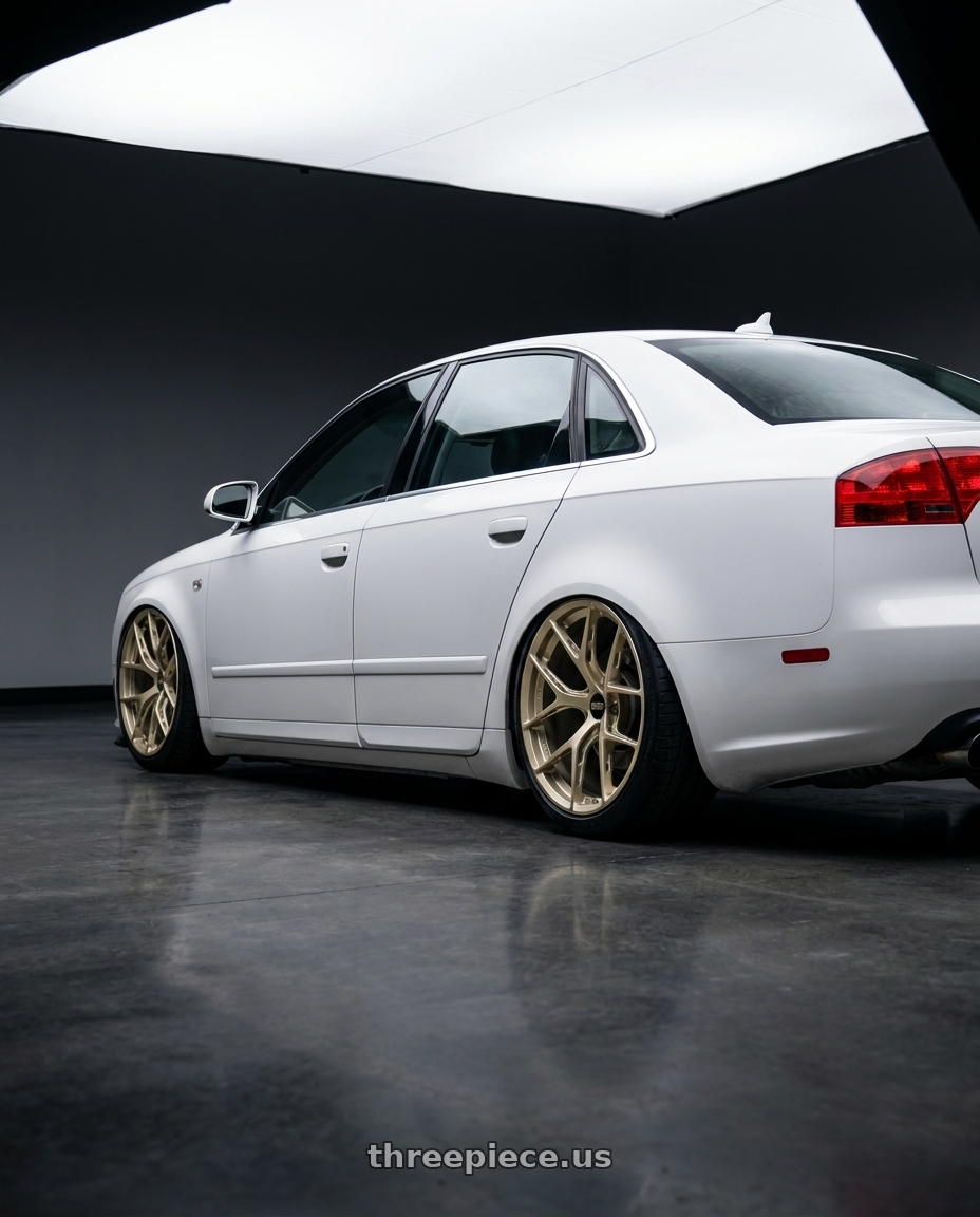 2010 Audi A4 B7 with BBS FI-R Evo 5x112 19x9.5+15 White Gold wheels rear three quarter view slight stretch tires