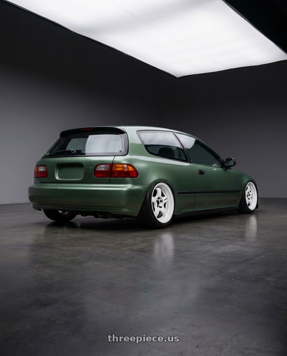1995 honda civic dx hatchback nori green metalic with Work Meister S1 2P 4x100 15x7+22 R Disk Black wheels rear three quarter view square tires
