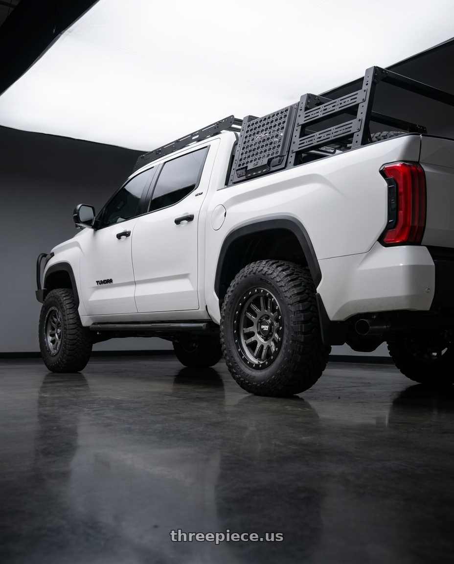 2025 Toyota Tundra SR5 with Dirty Life Canyon Pro 9309 6x139.7 17x9+0 Satin Graphite/Black Lip wheels rear three quarter view meaty tires