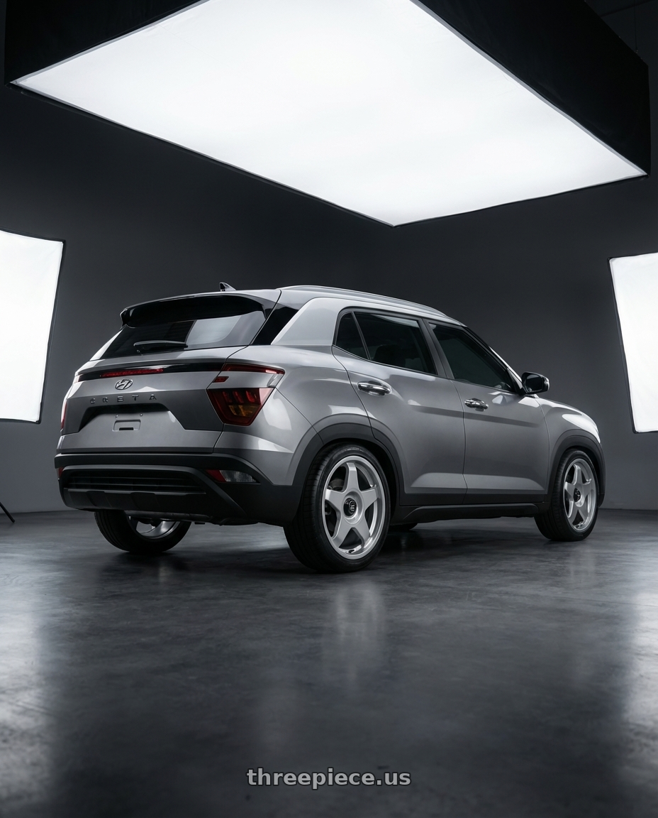 2023 Hyundai Creta Style, Grey with fifteen52 CHICANE 5x100 / 5x112 17x7.5 +35 SPEED SILVER (GLOSS SILVER) wheels rear three quarter view square tires