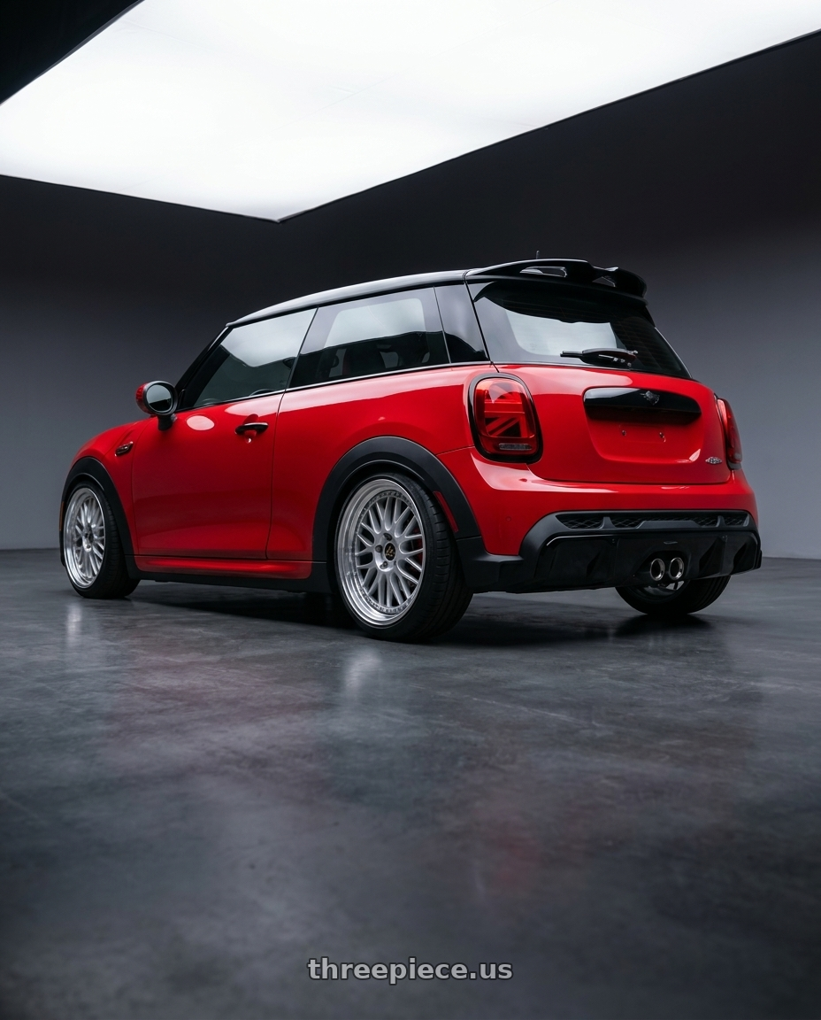 2025 mini jcw red with Work Vs-Xx 5x112 18x8+42 T Disk Light Grey Silver wheels rear three quarter view slight stretch tires