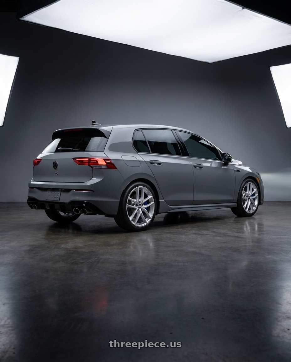 2026 Volkswagen Golf R Graphite with BBS SX 5x112 18x8.0+44 Sport Silver wheels rear three quarter view square tires